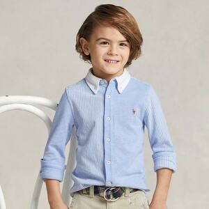 Raulph Lauren Boys Knit Oxford Fun Shirt in Harbor Island Blue white size 7 EUC